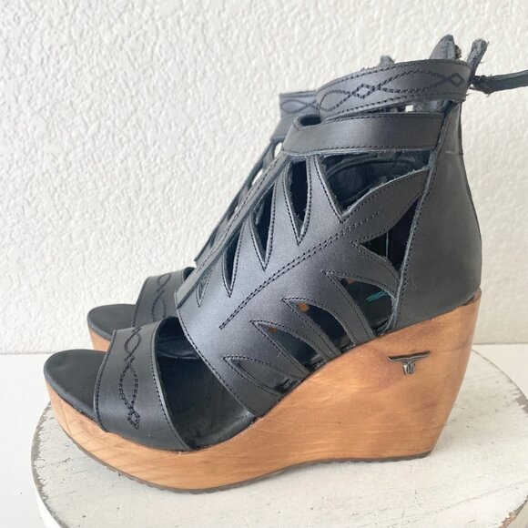 Lane Boots BECCA Womens Black Wedges 8.5 Western Sandals Cowgirl Wooden Heels - Picture 4 of 11